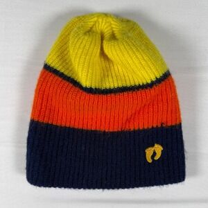 Hang Ten Beanie Hat Striped Yellow Orange Navy Blue Logo Winter Knit Cap
